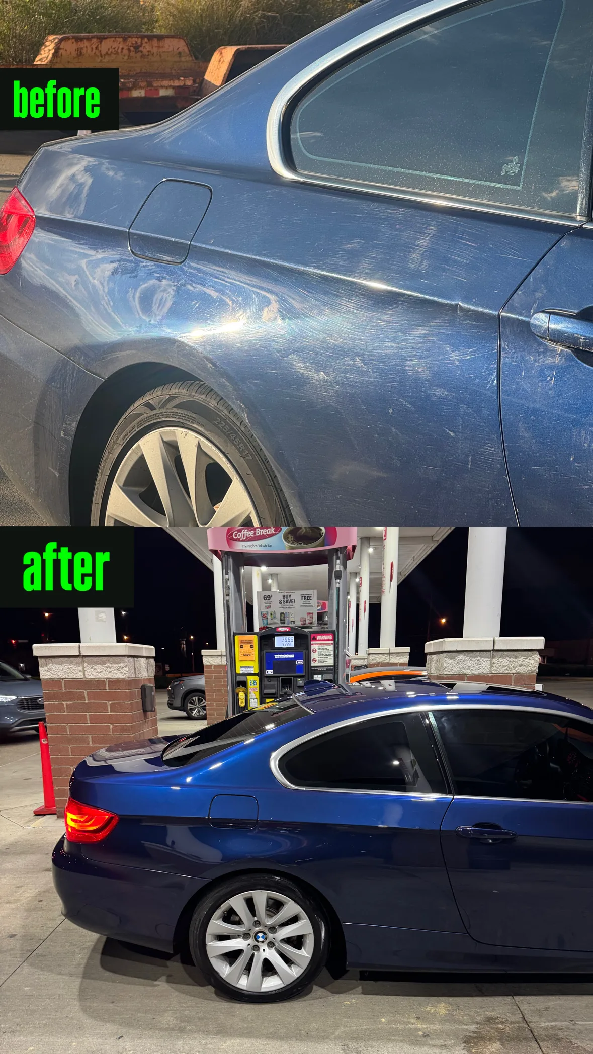 Before and after comparison of paint protection film applied to a blue sedan, showing the vehicle's improved gloss and protection from swirl marks and scratches.